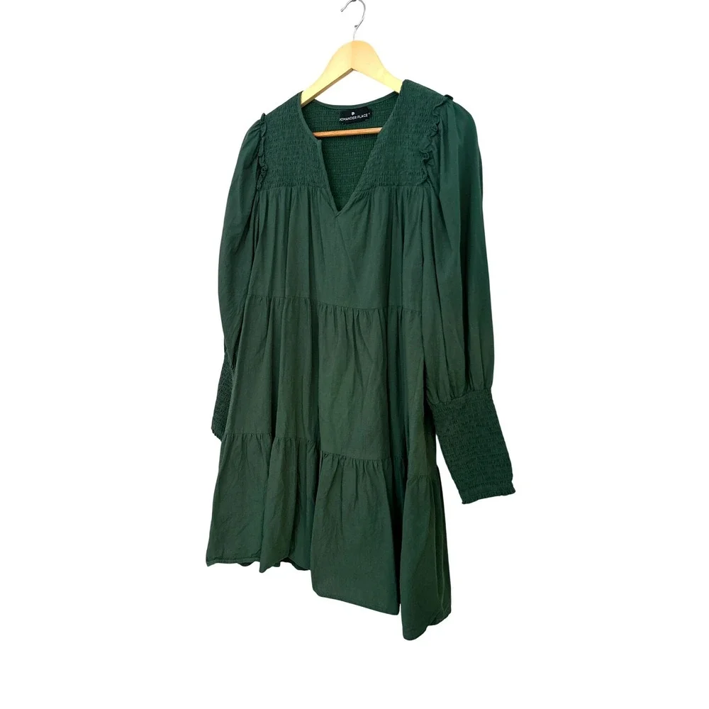 Pomander Place Womens Green Smocked Tiered Cotton Mini Dress Size Medium - Picture 4 of 9